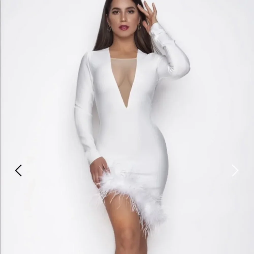 Bodycon Asymmetrical Feather Cocktail Dress - Picture 2 of 8